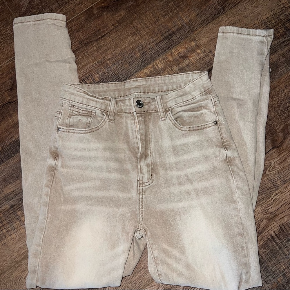 Beige Tan Denim Stretch Skinny Leg Jeans Size M Medium High Waist Waisted Pants